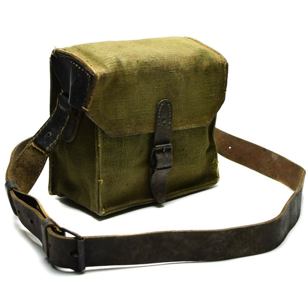 Echte französische Umhängetasche Army Canvas Leder oliv OD Magazin Munitionstasche