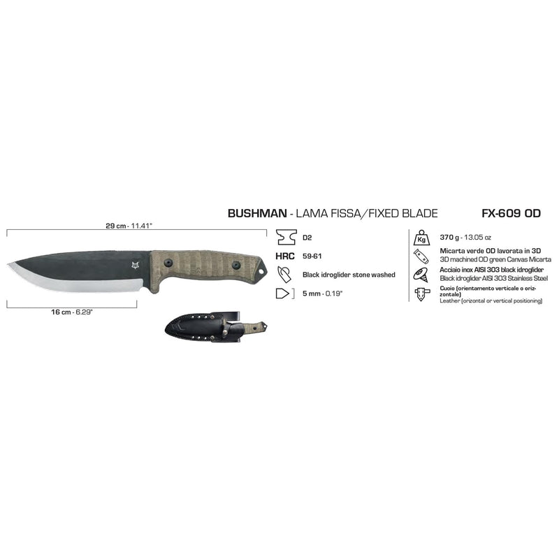 Fox Knives BUSHMAN Messer mit fester Klinge D2 Stahl Survival Combat Micarta Griff