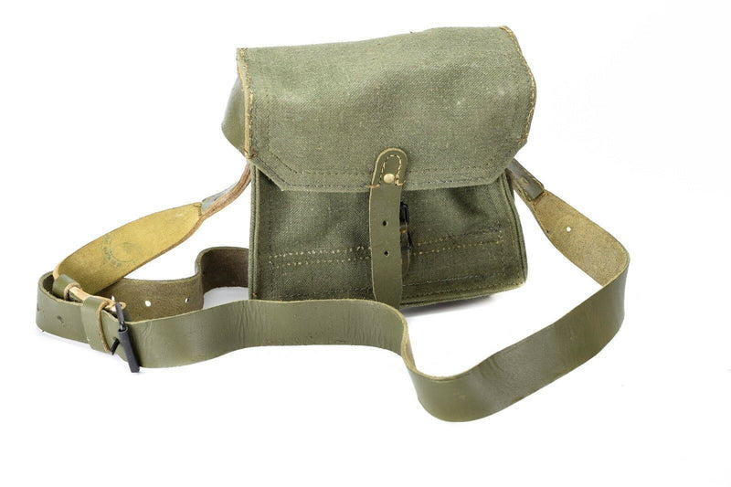 Echte französische Umhängetasche Army Canvas Leder oliv OD Magazin Munitionstasche