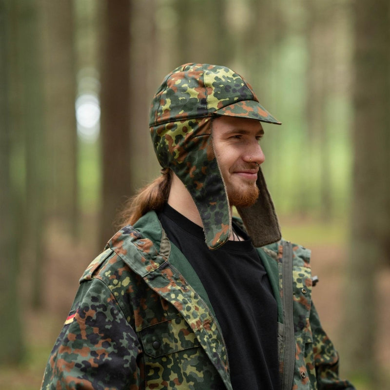 Echte deutsche Armee Militär Winter Pile Cap Flecktarn Mütze warm kaltes Wetter