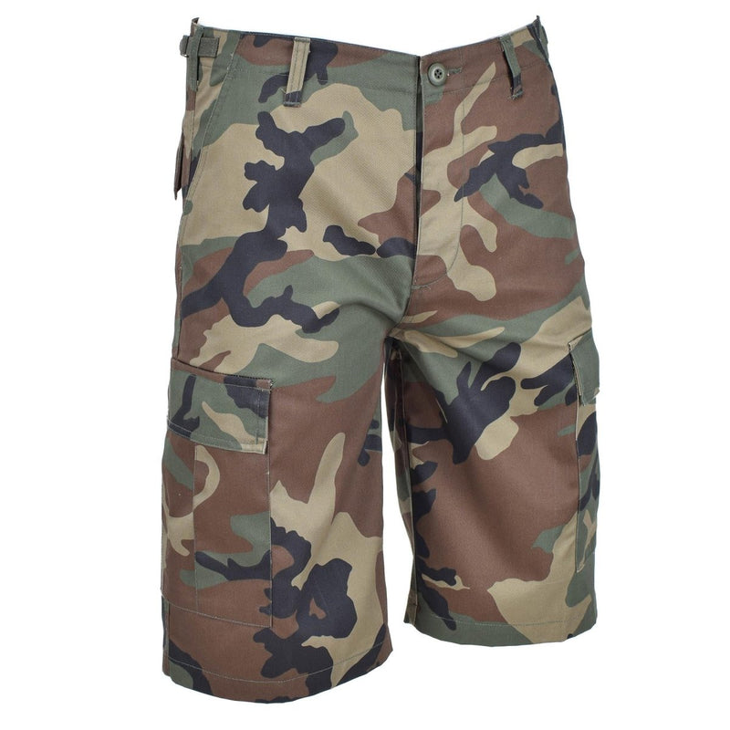 Mil-Tec Military Style Woodland camo bermuda cargo BDU army shorts pocket closures lightweight belt loops adjustable waist