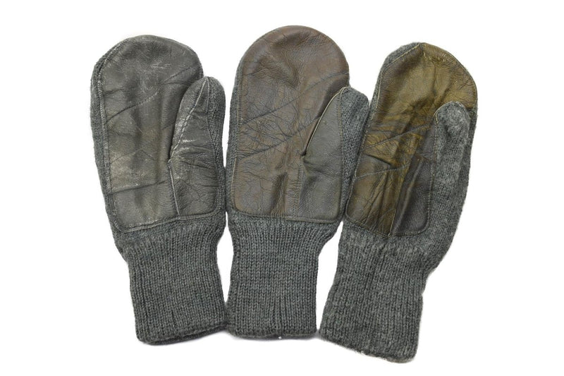 Original Swiss army gray wool mittens leather palm military issue